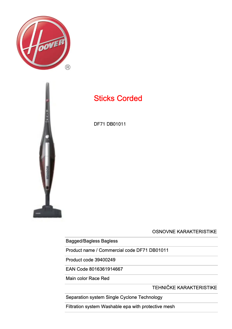 Page 1 de la notice Fiche technique Hoover Diva DF71 DB01011