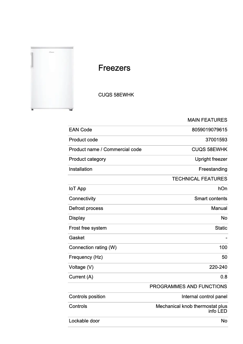 Page 1 de la notice Fiche technique Candy CUQS 58EWHK