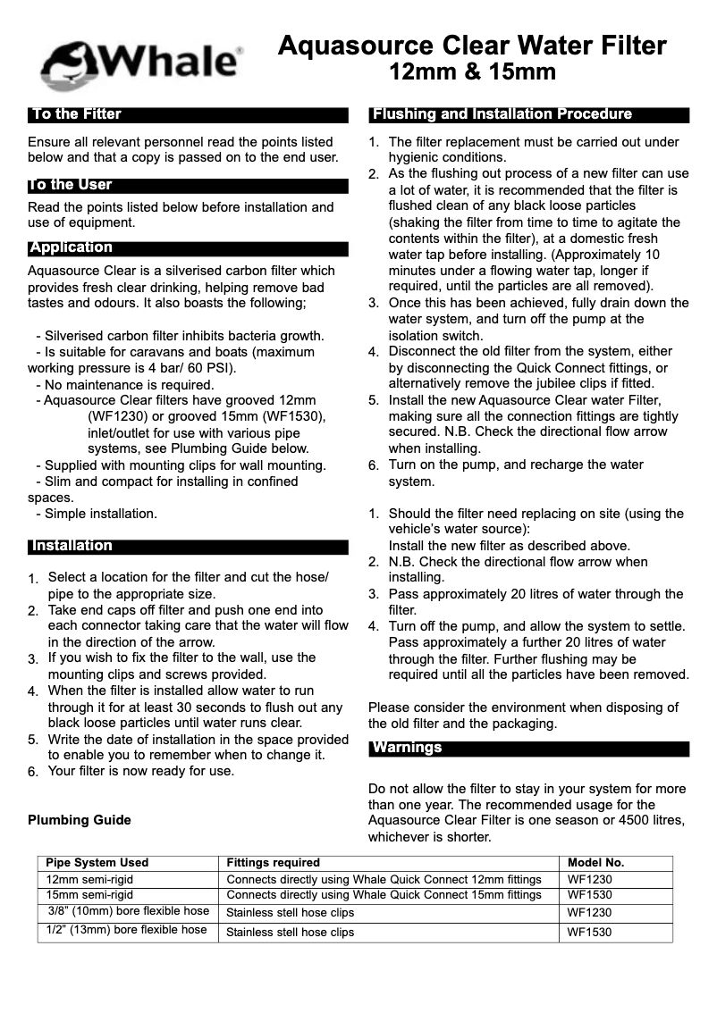 Page 1 of the manual User Manual Whale Aquasource WF1230