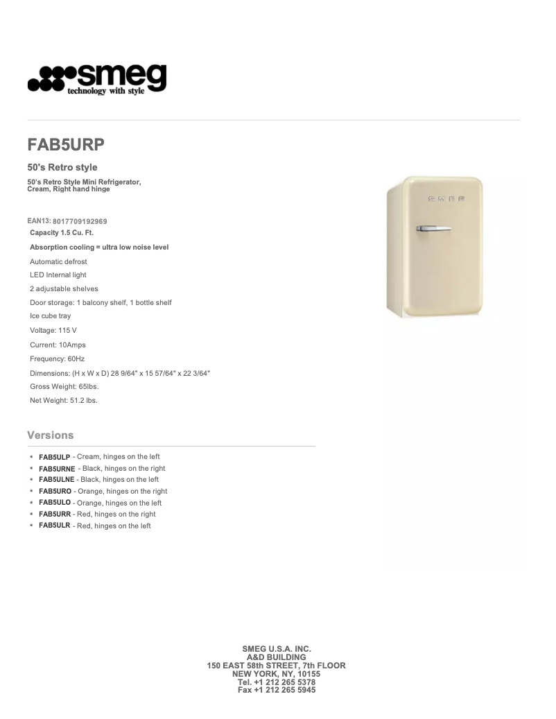 Page n°1 - Fiche technique Smeg FAB5UL