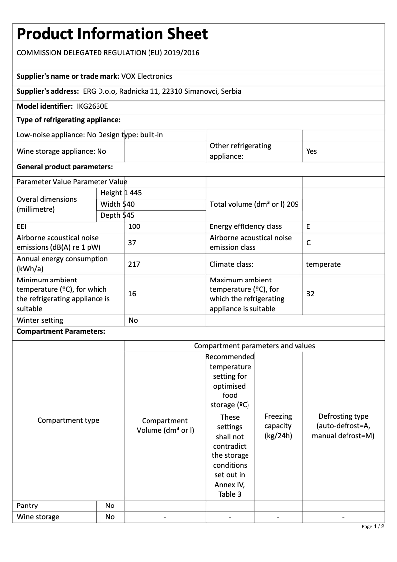 Page 1 de la notice Fiche technique VOX IKG2630E
