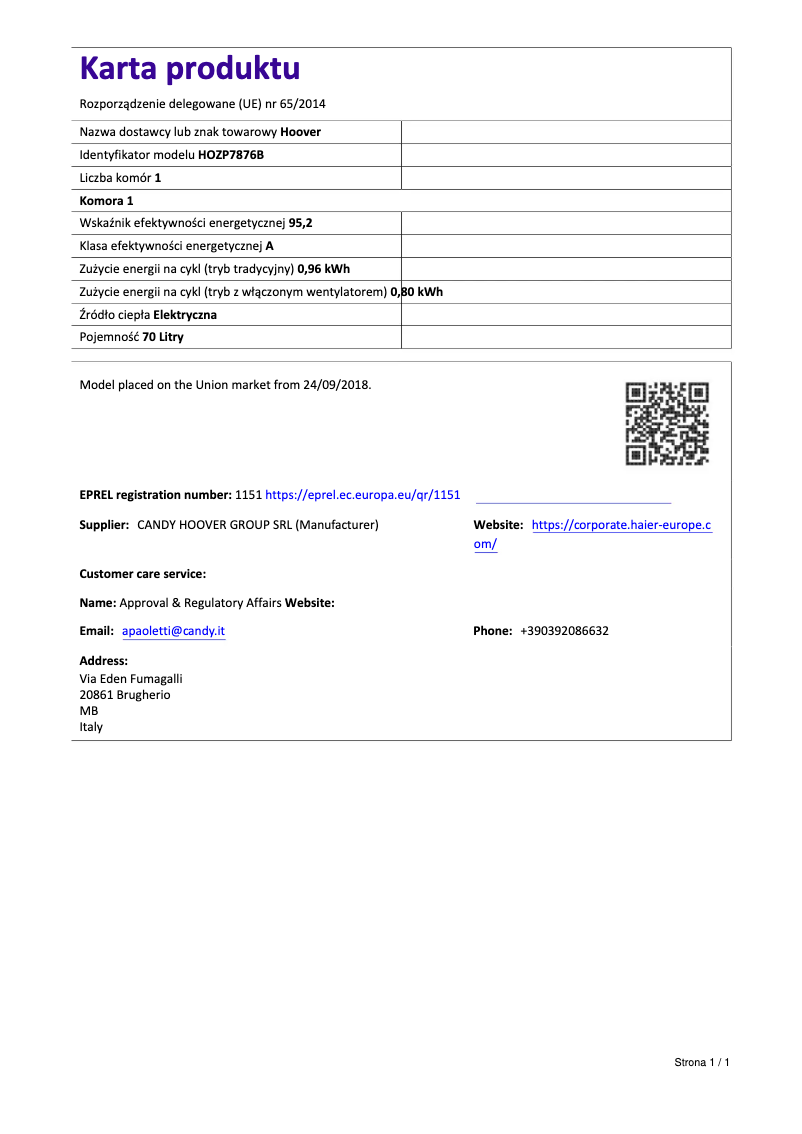 Page 1 de la notice Fiche technique Hoover HOZP7876B
