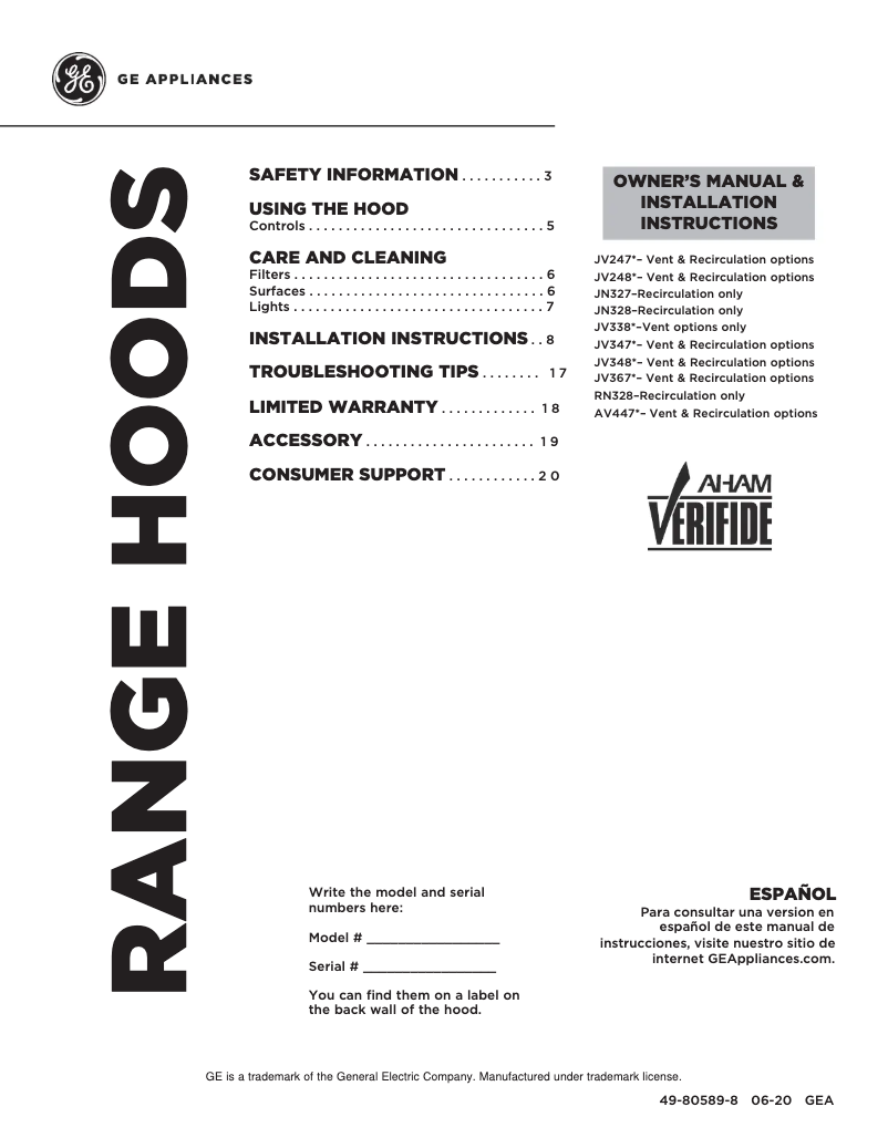 Page 1 de la notice Manuel d'utilisation et d'entretien GE JN327HBB