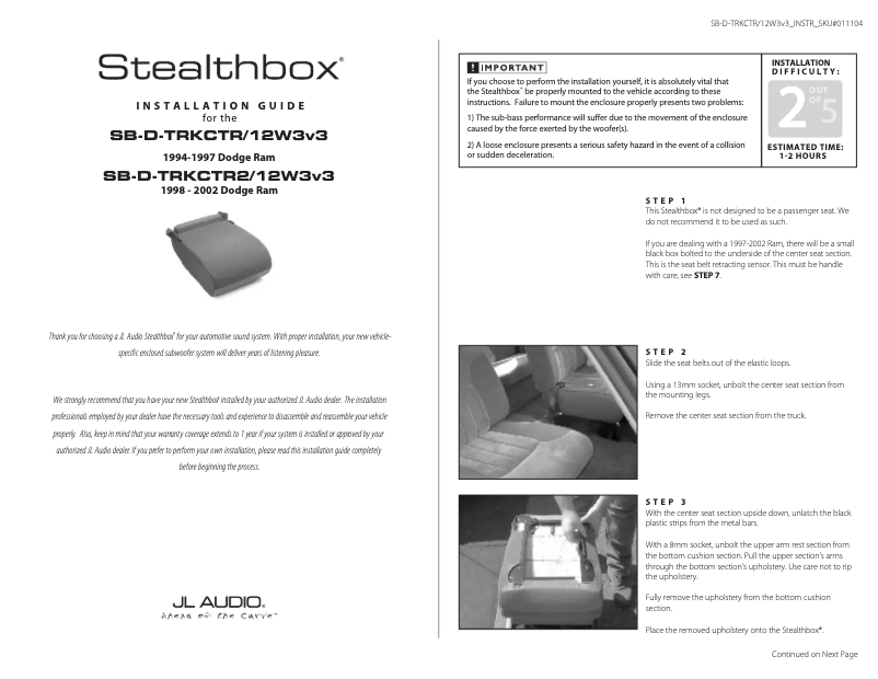 Page n°1 - Manuel utilisateur JL Audio Stealthbox SB-D-TRKCTR2/12W3v3