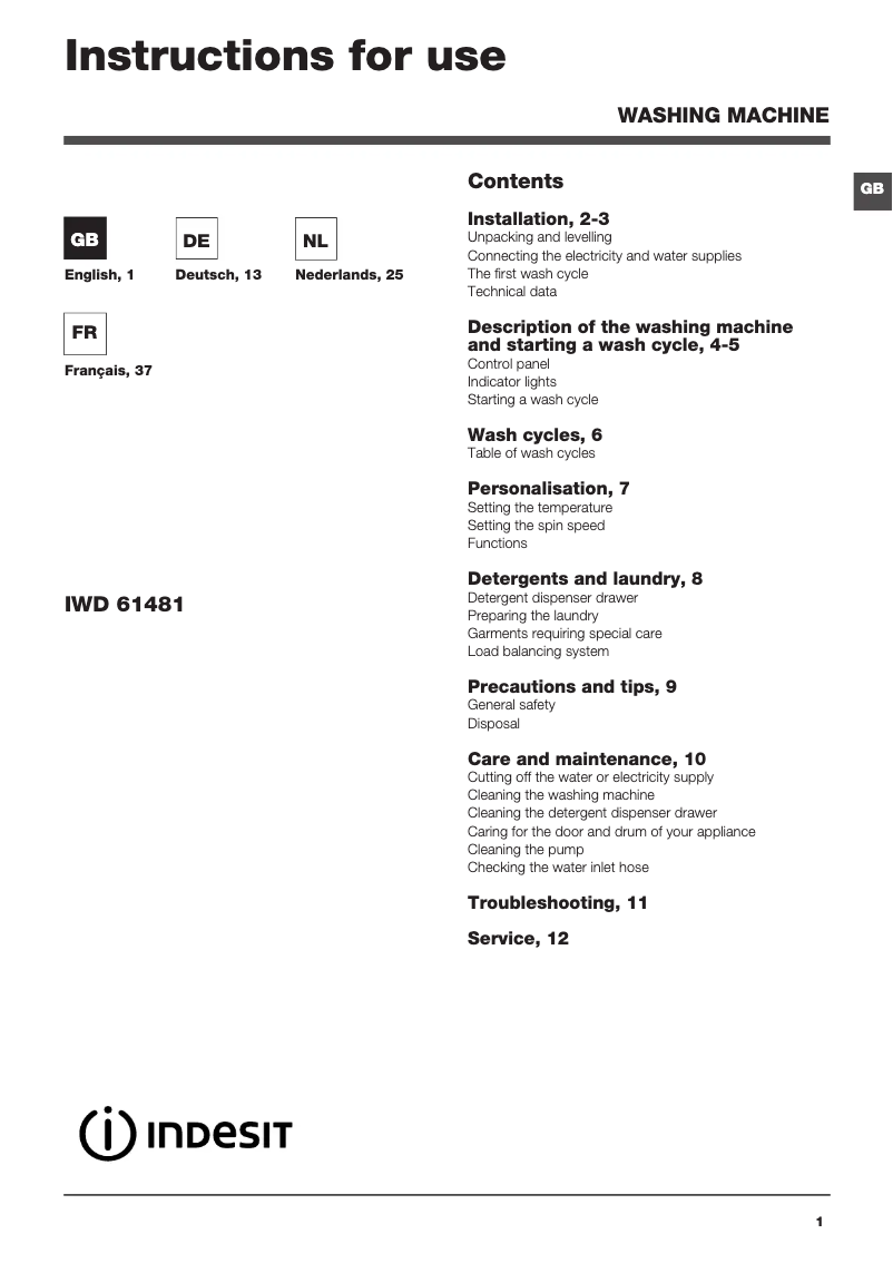 Image de la première page du manuel de l'appareil IWD 61481