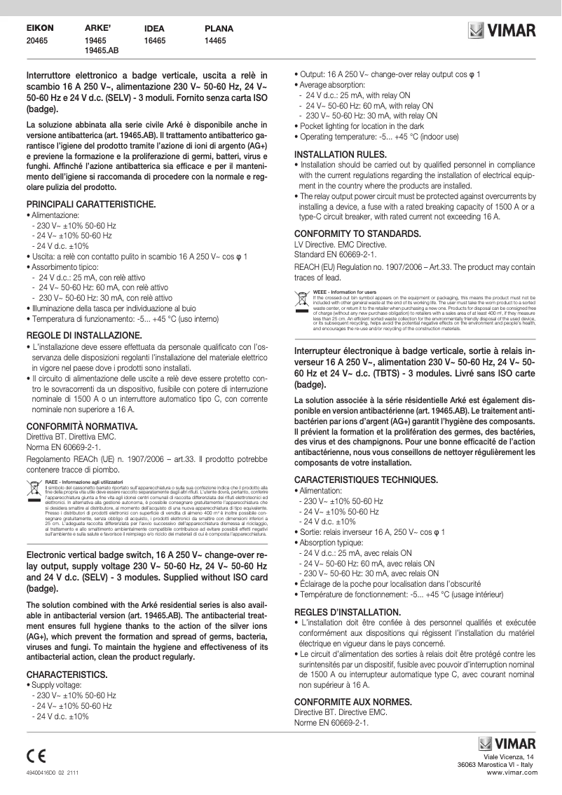 Page n°1 - Manuel utilisateur Vimar 19465.AB