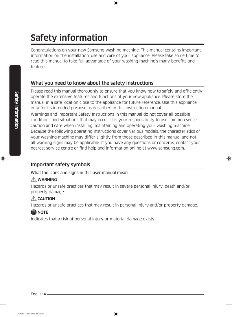 Page 1 de la notice Guide d'installation Samsung WW90K5410UX1