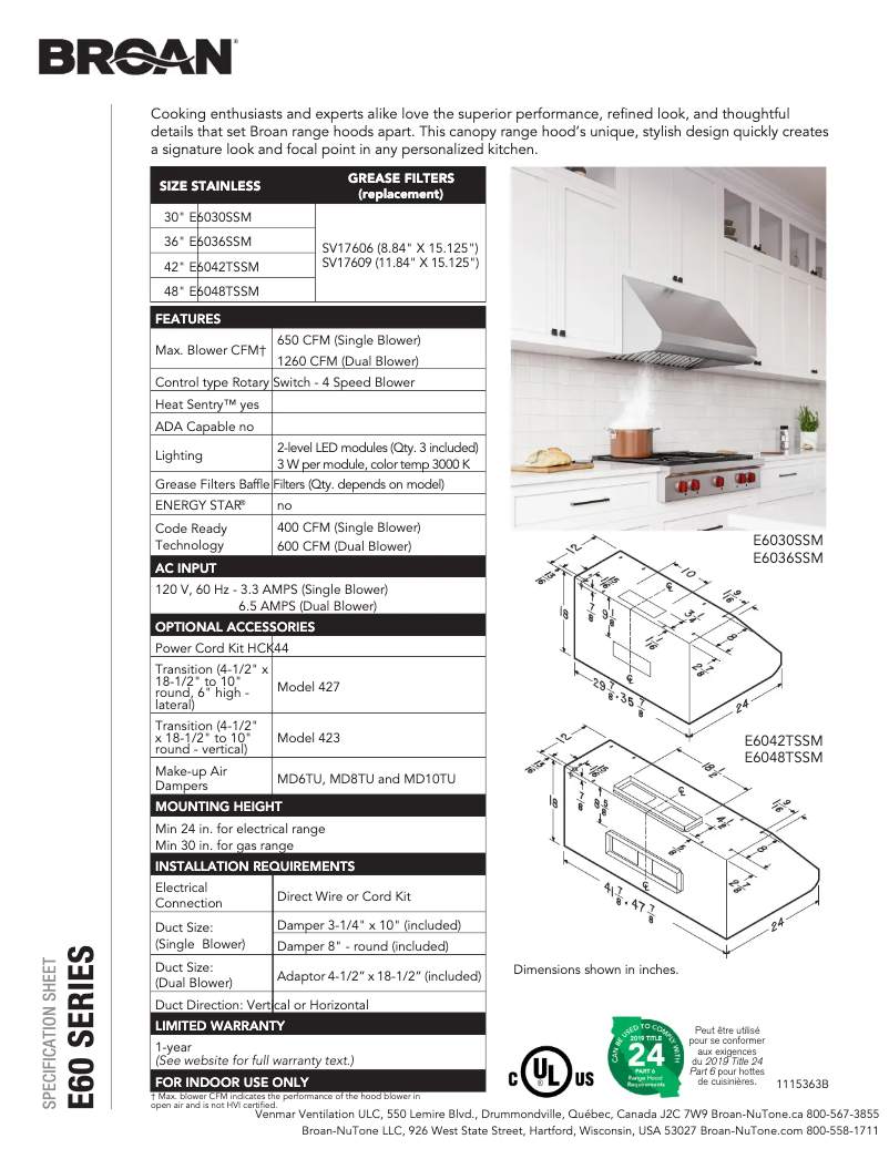 Page 1 de la notice Fiche technique Broan Elite E6030SSM