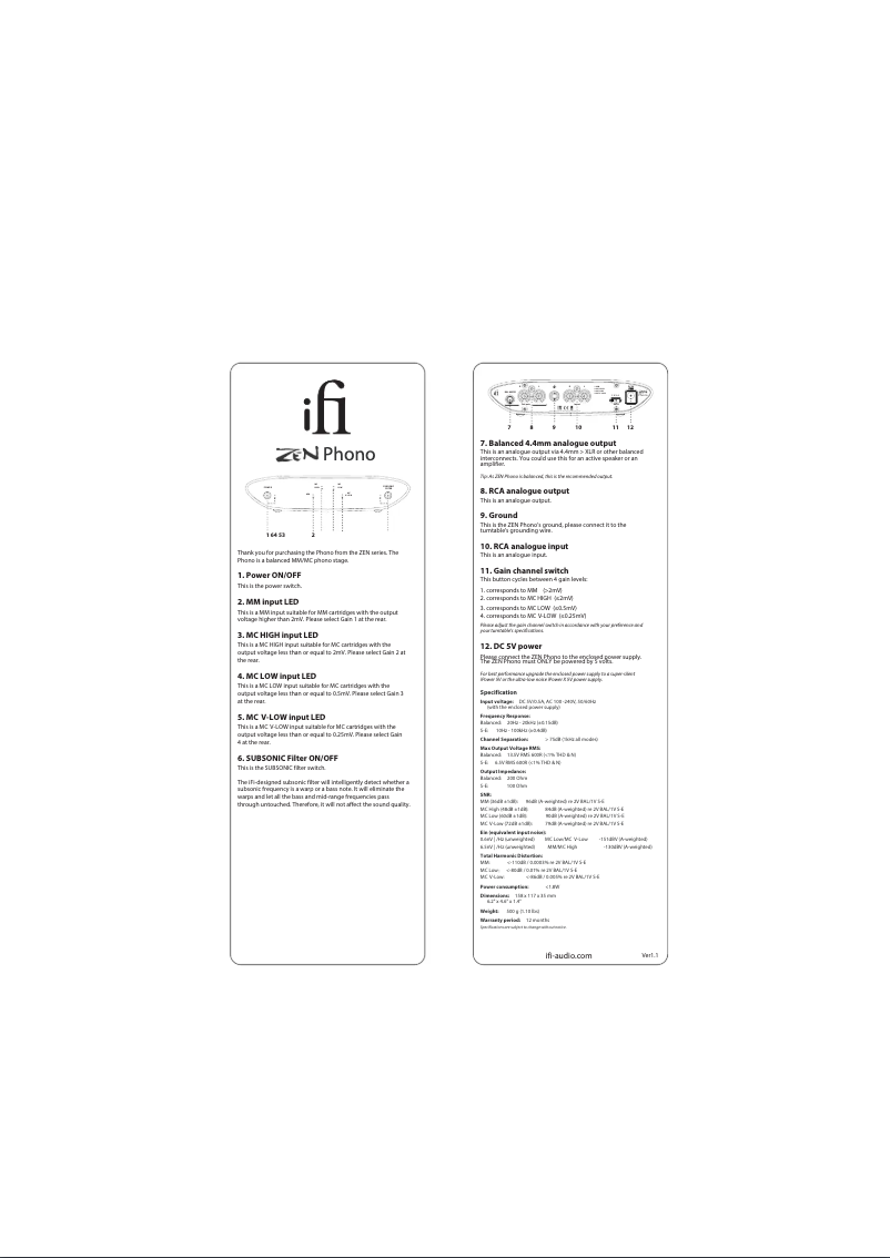 Page 1 de la notice Manuel utilisateur iFi Audio ZEN Phono