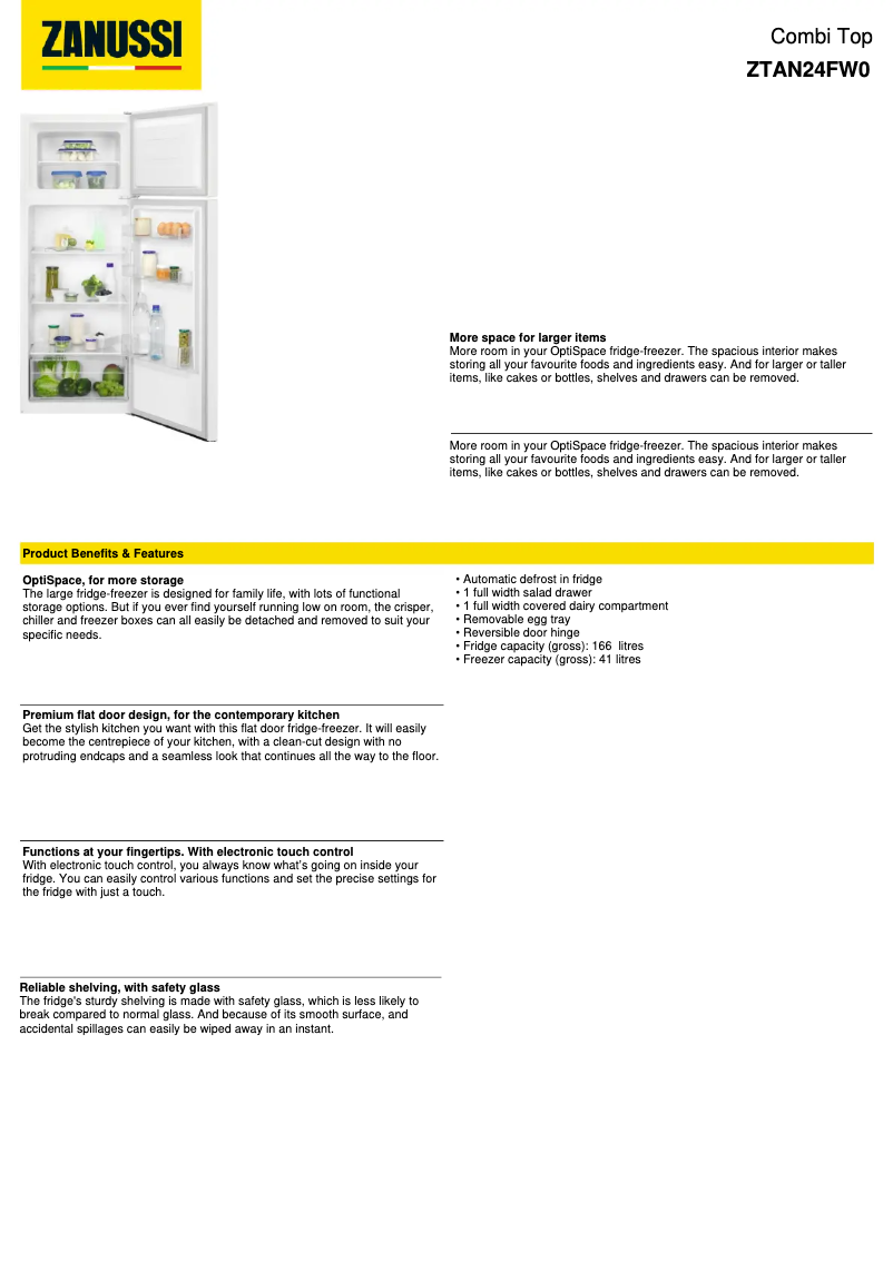 Page 1 de la notice Fiche technique Zanussi ZTAN24FW0