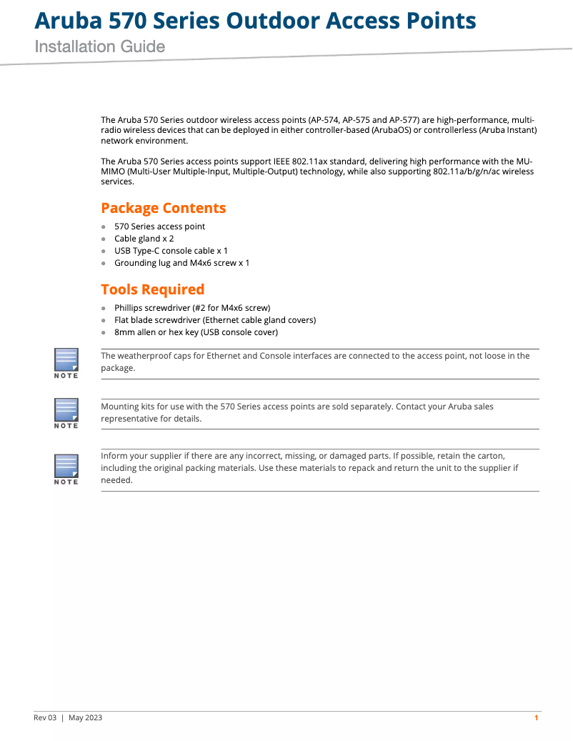 Image de la première page du manuel de l'appareil Aruba AP-577