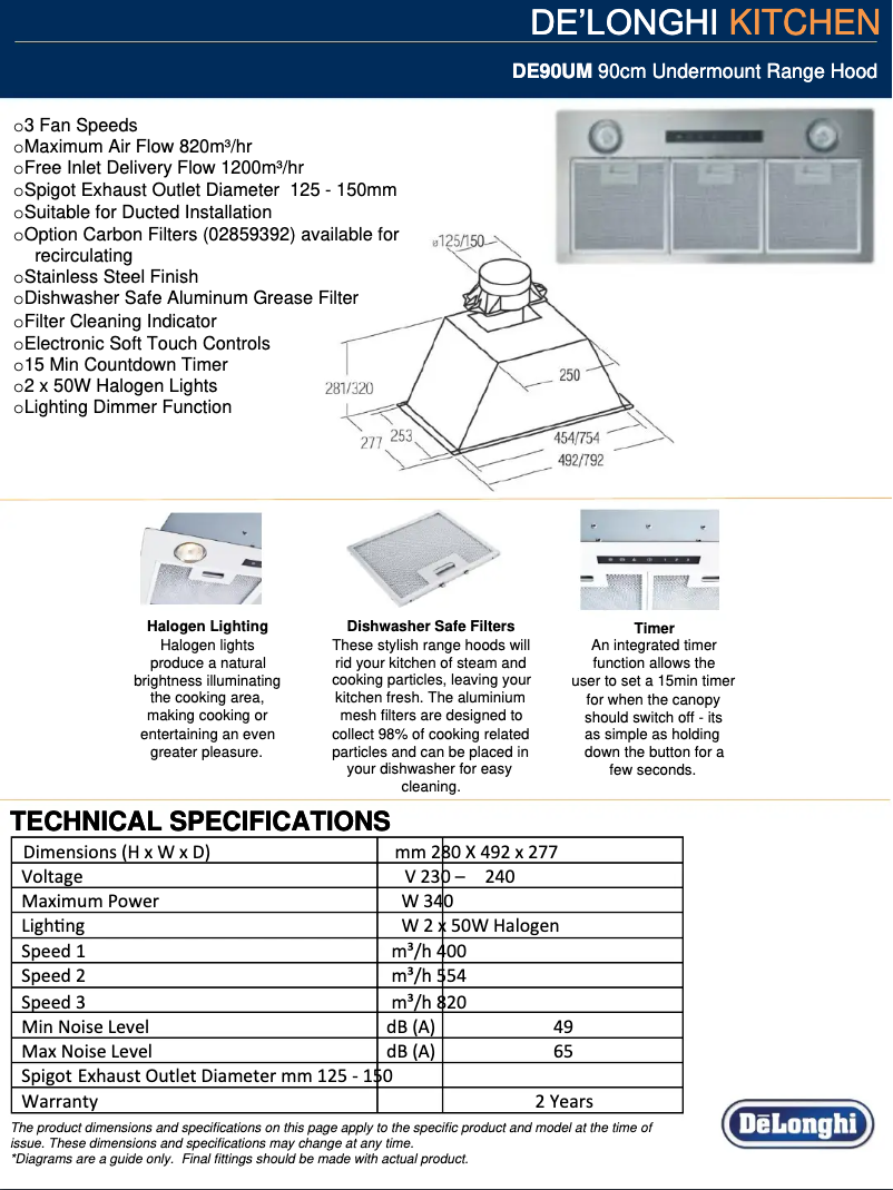 Page 1 de la notice Fiche technique DeLonghi DE90UM