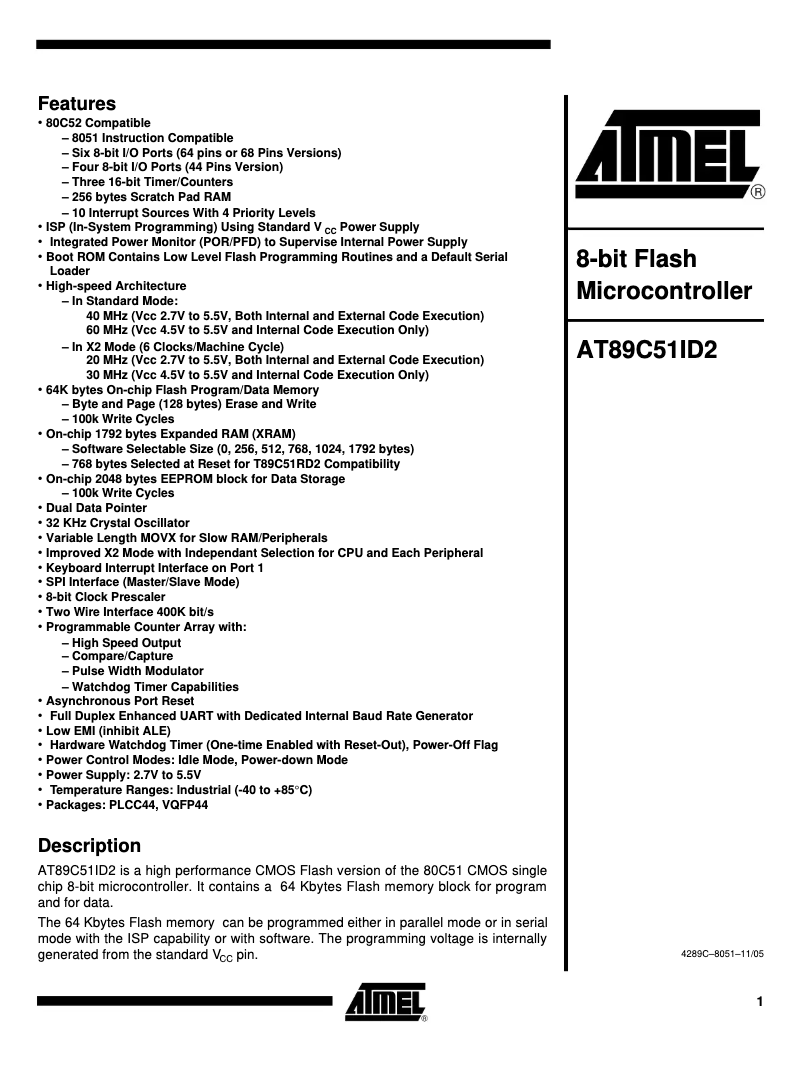 Imagen de la primera página del manual del dispositivo AT89C51ID2