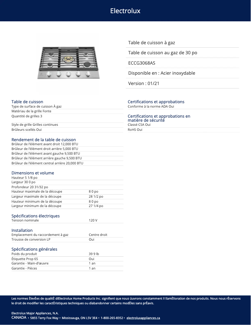 Page n°1 - Fiche technique Electrolux ECCG3068AS