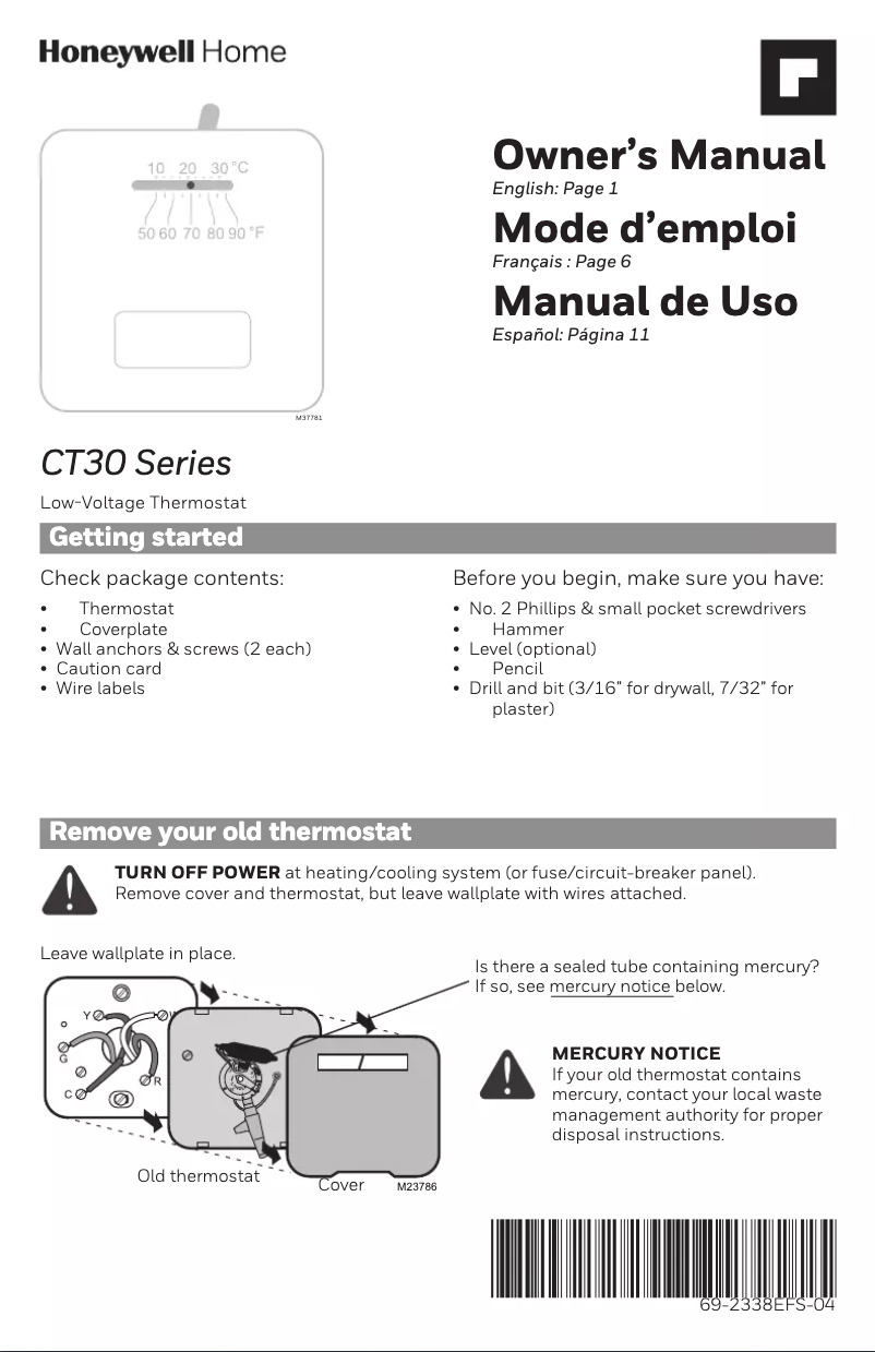 Page 1 de la notice Manuel utilisateur Honeywell CT30A1005