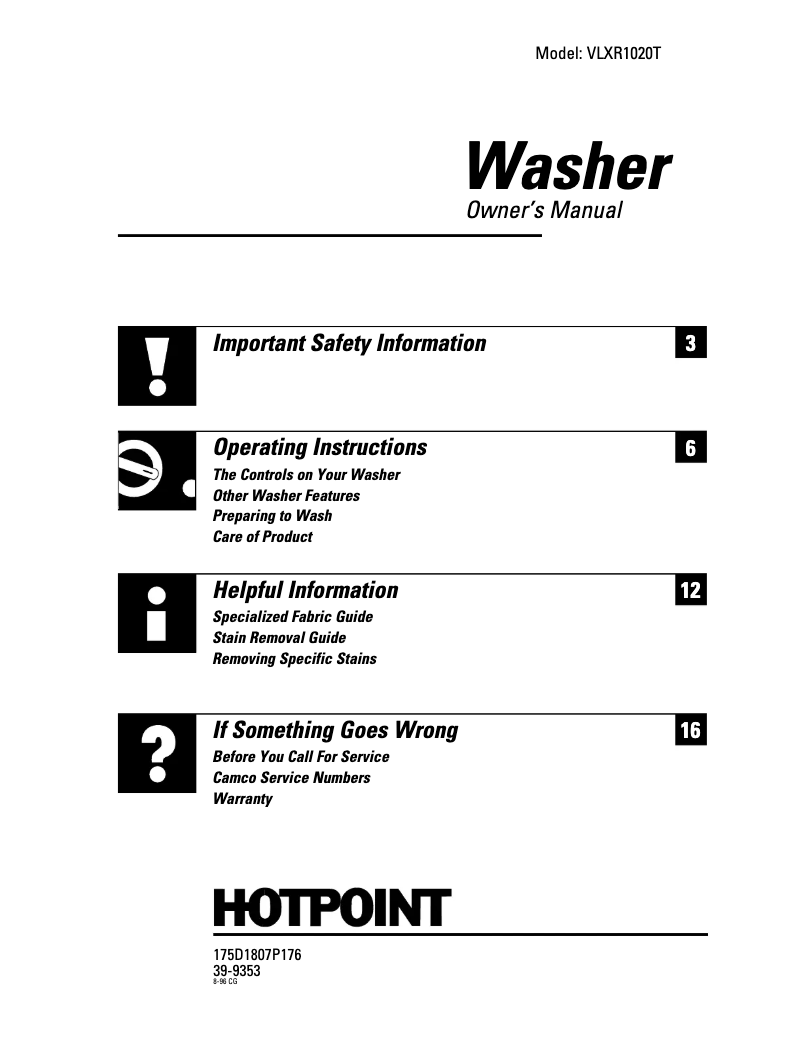 Page 1 de la notice Manuel utilisateur Hotpoint VLXR1020AWO