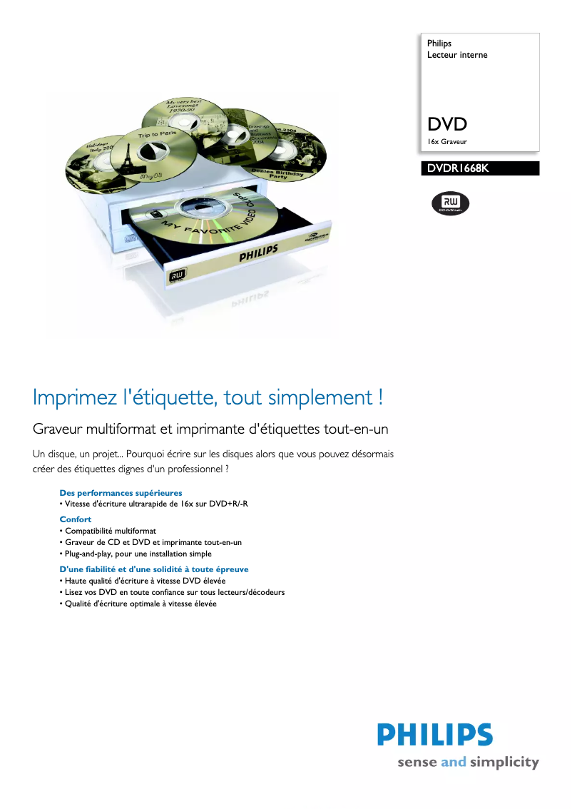 Page n°1 - Fiche technique Philips DVDR1668K