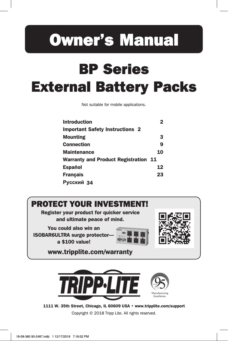 Page 1 de la notice Manuel utilisateur Tripp Lite SmartOnline BP192V12RT3US