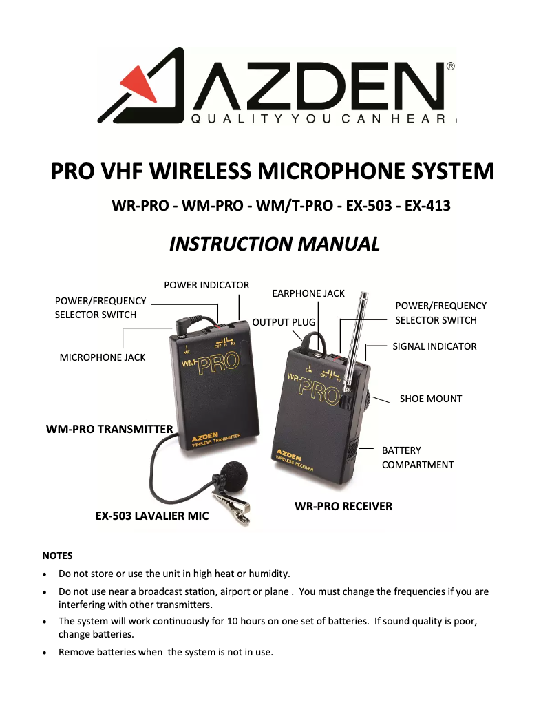 Page n°1 - Manuel utilisateur Azden WL/T-PRO