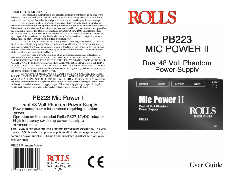 Page 1 de la notice Manuel utilisateur Rolls Mic Power II PB223