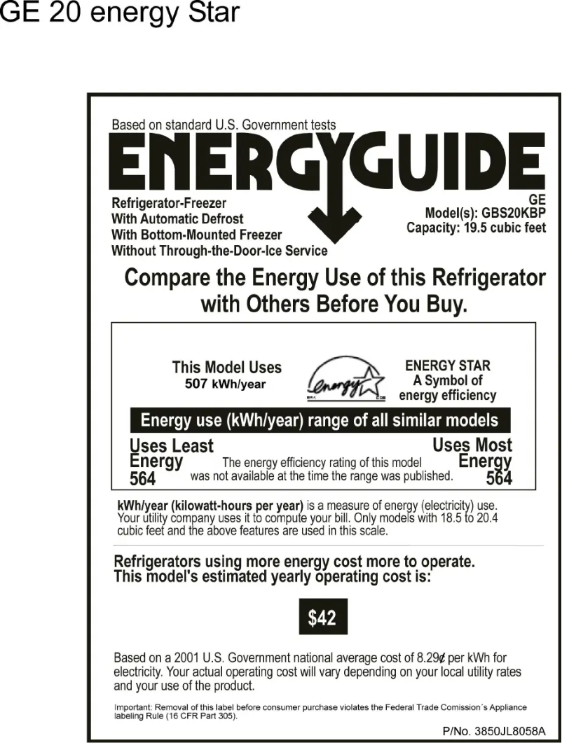 Page n°1 - Label énergétique GE GBS20KBPCC