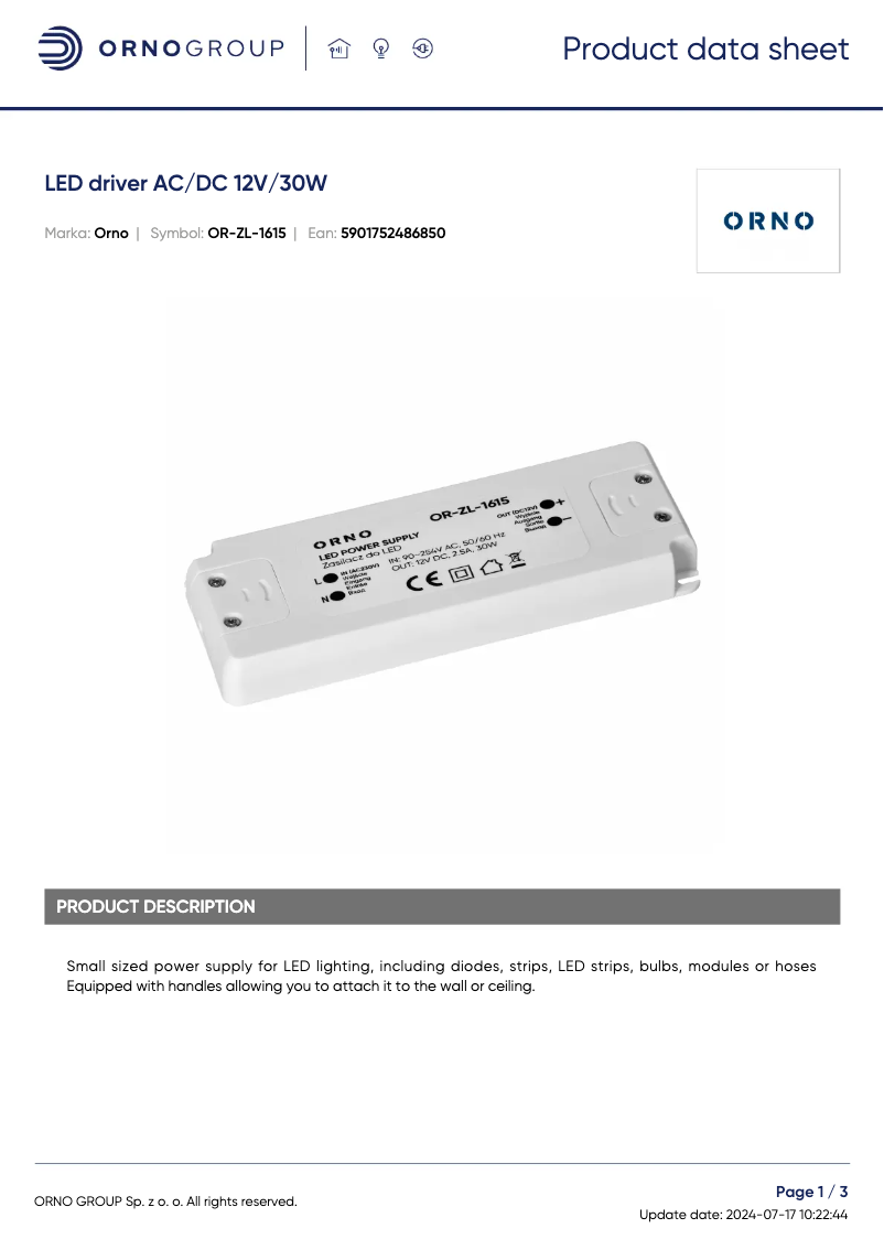 Page n°1 - Fiche technique ORNO OR-ZL-1615