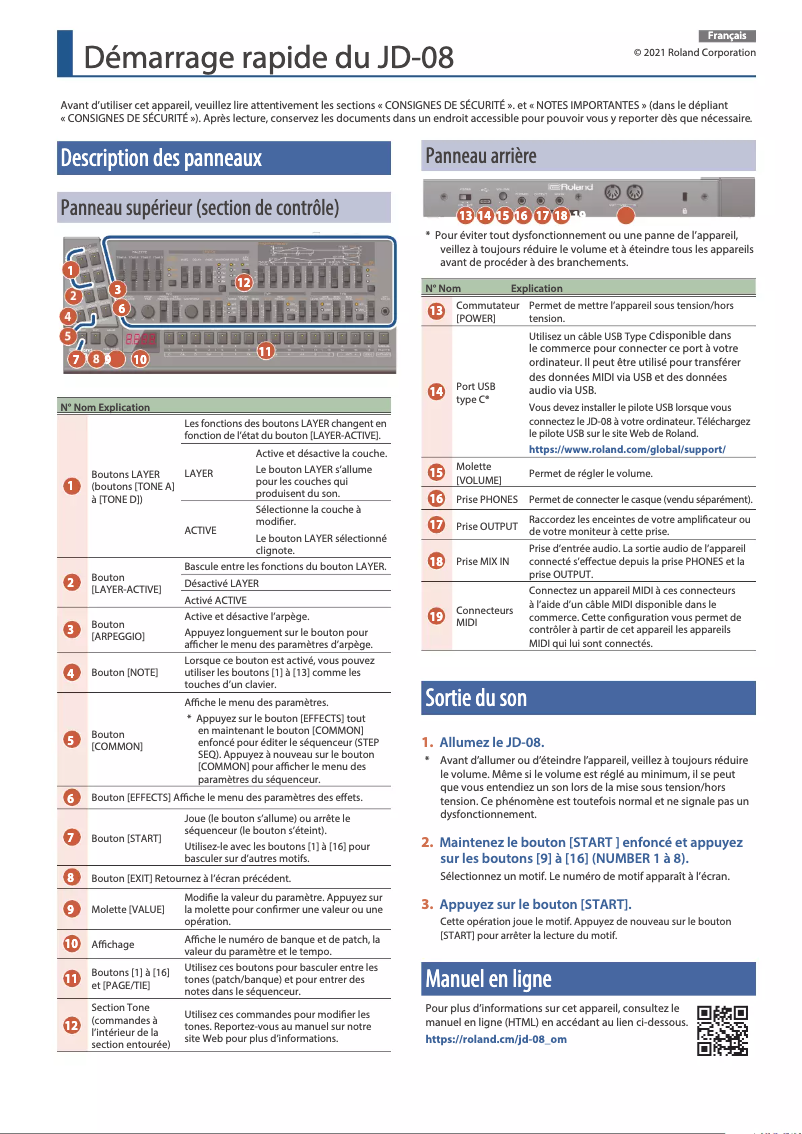 Page n°1 - Manuel utilisateur Roland JD-08