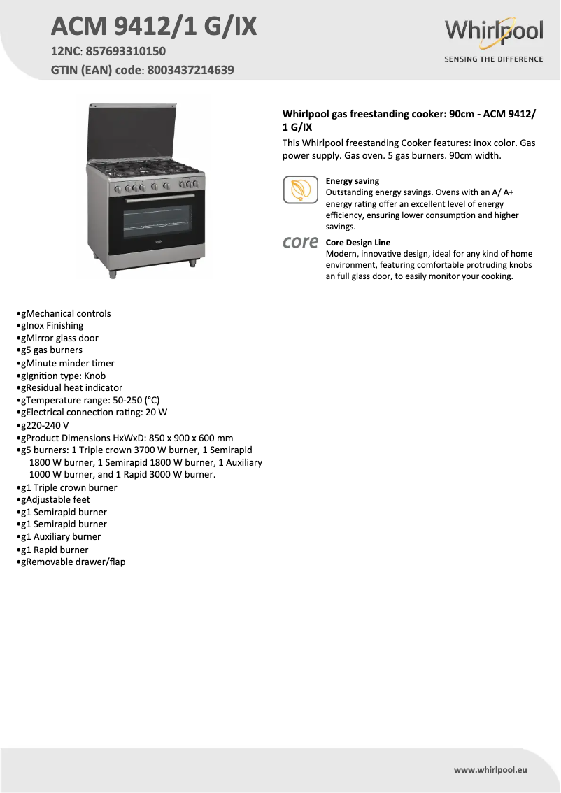 Page 1 de la notice Fiche technique Whirlpool ACM 9412/1 G/IX