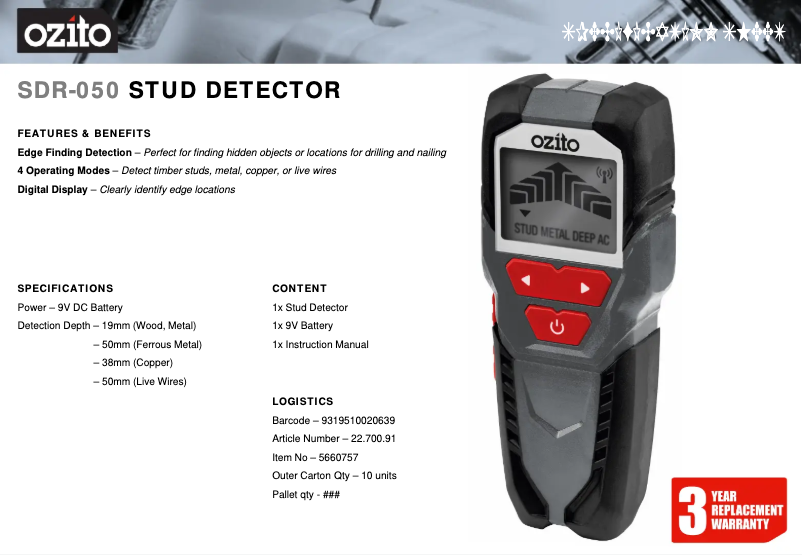 Page 1 de la notice Fiche technique Ozito SDR-050