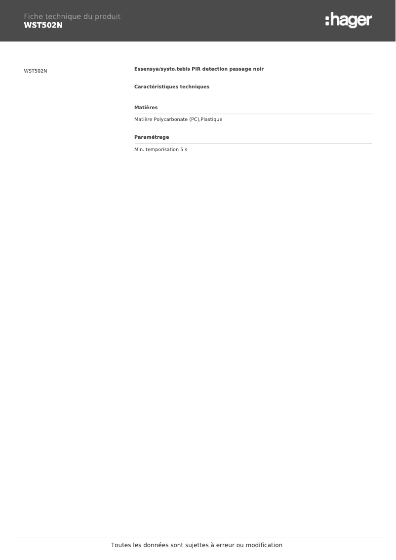 Page 1 de la notice Fiche technique Hager WST502N