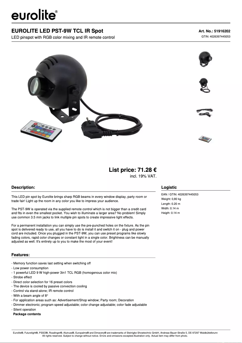 Page 1 de la notice Fiche technique Eurolite PST-9W TCL