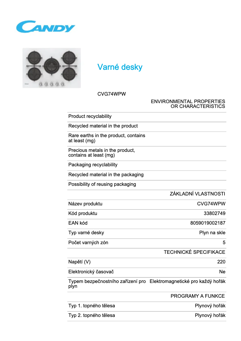 Page n°1 - Fiche technique Candy CVG74WPW