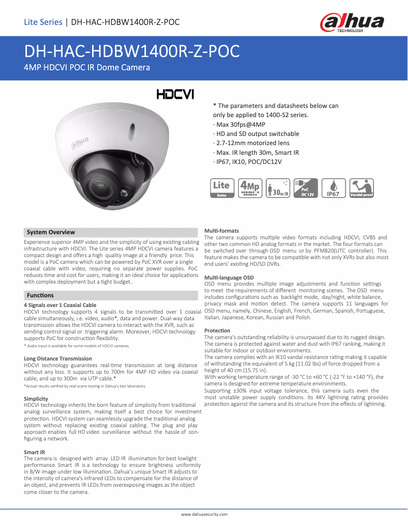 Page 1 de la notice Fiche technique Dahua Technology HAC-HDBW1400R-Z-POC