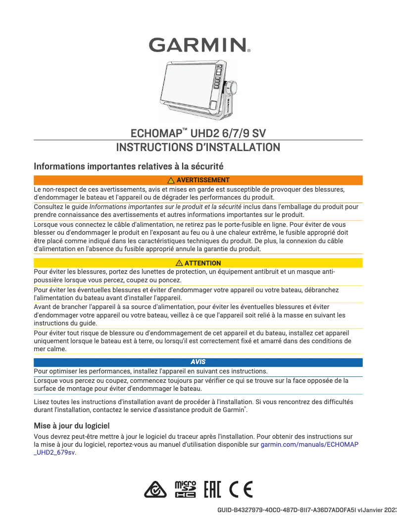 Page 1 de la notice Guide d'installation Garmin ECHOMAP UHD2 9 SV