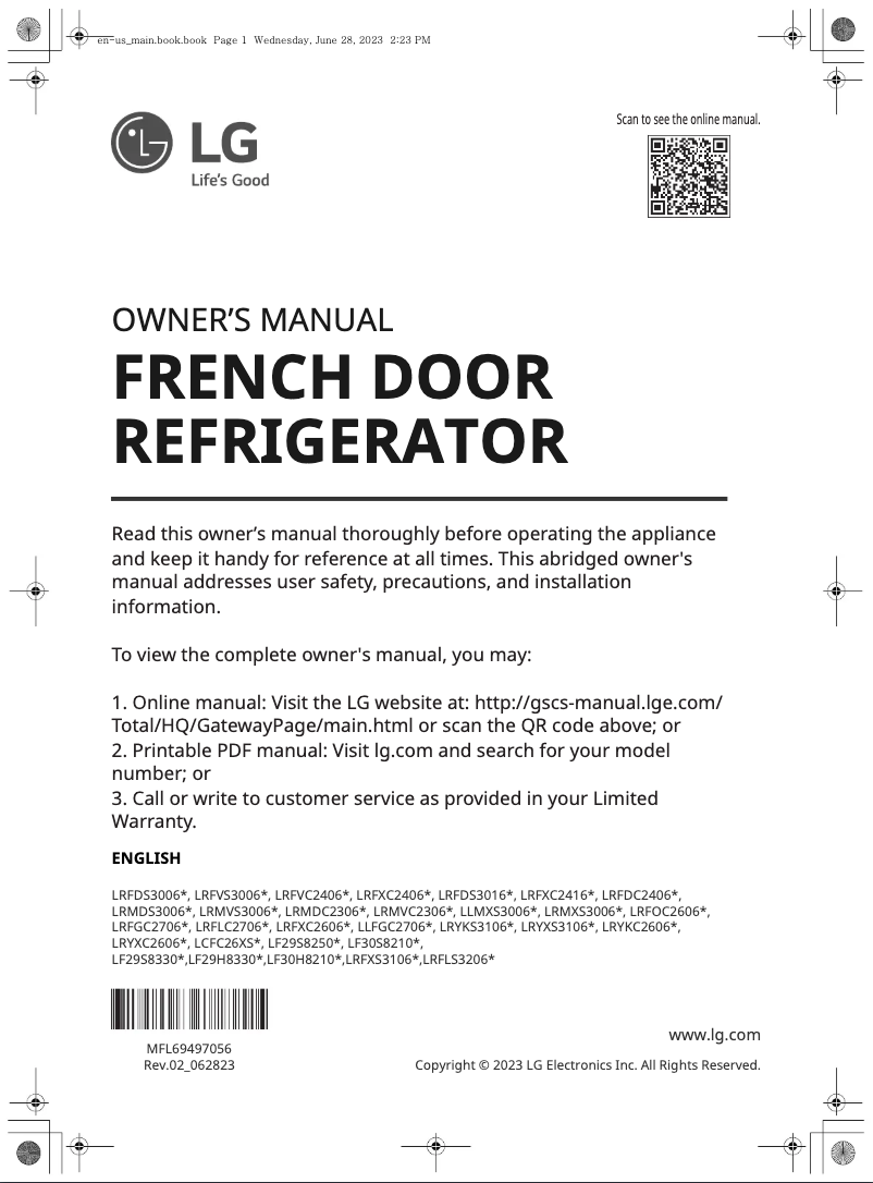 Page 1 de la notice Manuel utilisateur LG LRFXS3106S