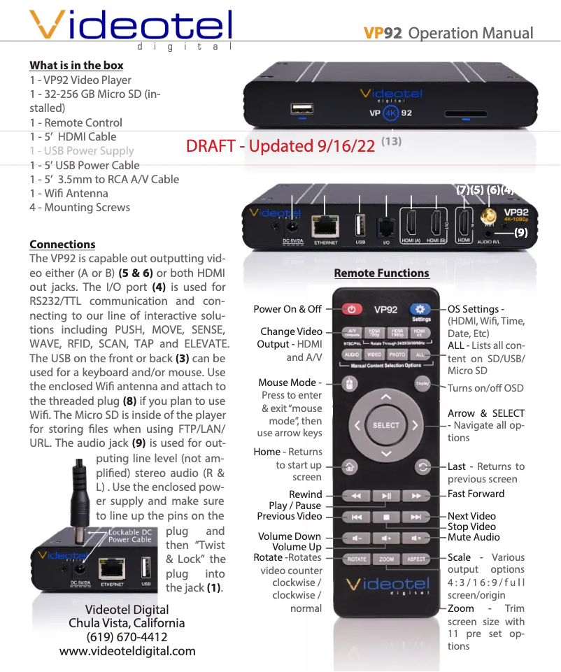 Página 1 del manual Manual de usuario Videotel Digital VP92 4K