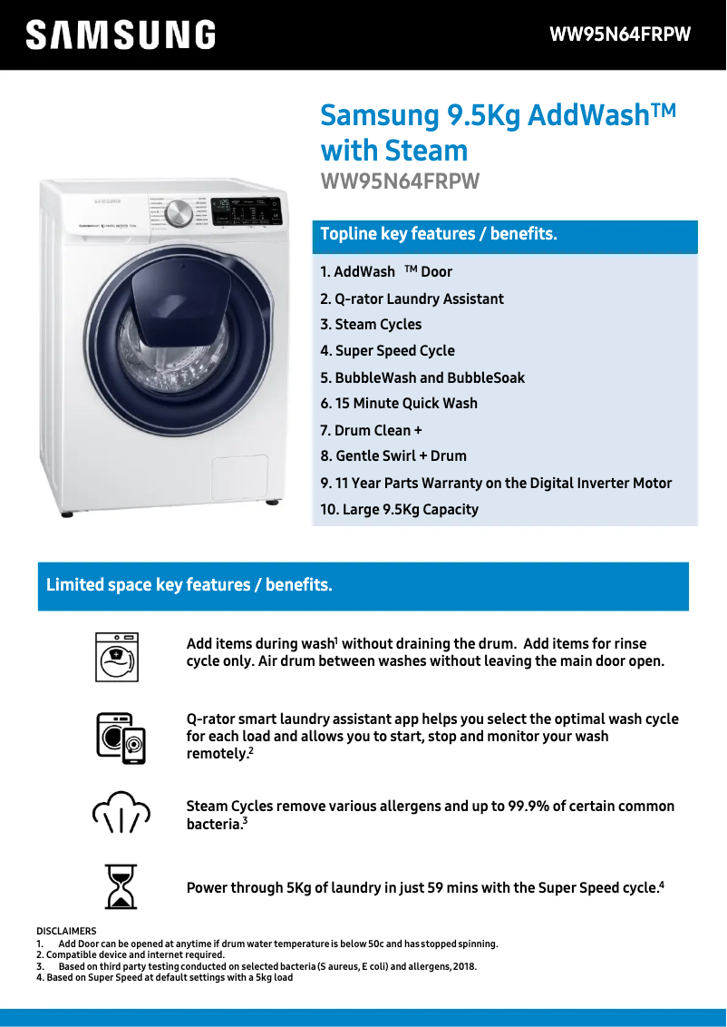 Page 1 de la notice Fiche technique Samsung WW95N64FRPW