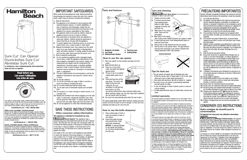 Page 1 de la notice Manuel utilisateur Hamilton Beach Sure Cut 76372