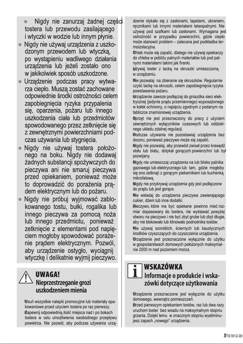 Page 1 of the manual User Manual Zelmer ZTS1612W