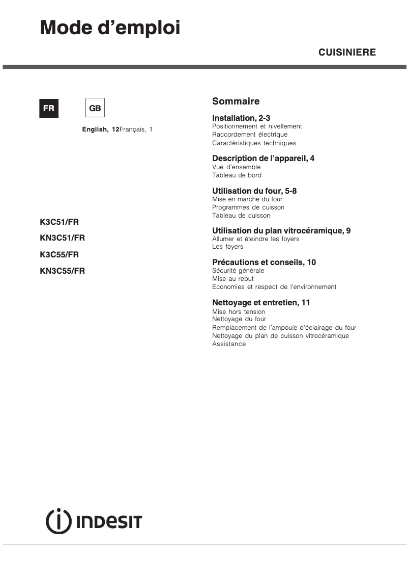 Page n°1 - Manuel utilisateur Indesit K3C51(W)/FR