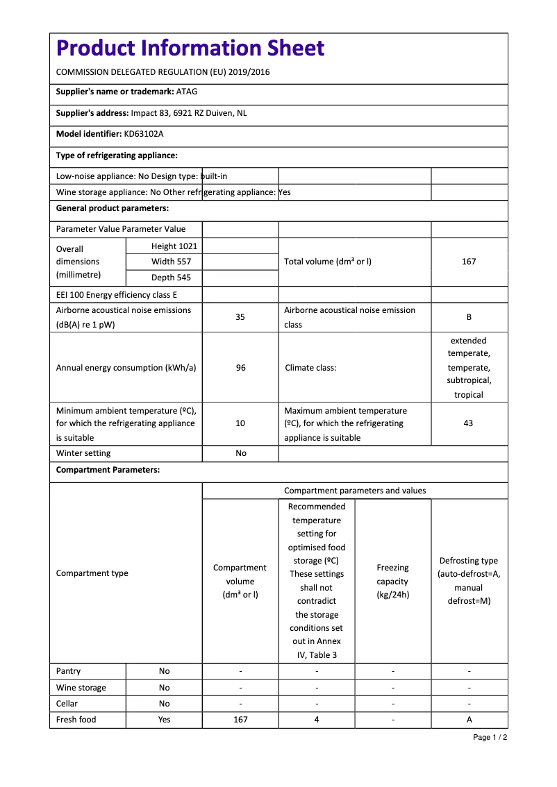 Page 1 de la notice Fiche technique Atag KD63102A