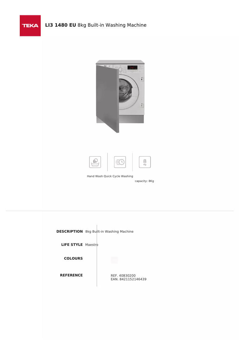 Page 1 de la notice Fiche technique Teka LI3 1480 EU