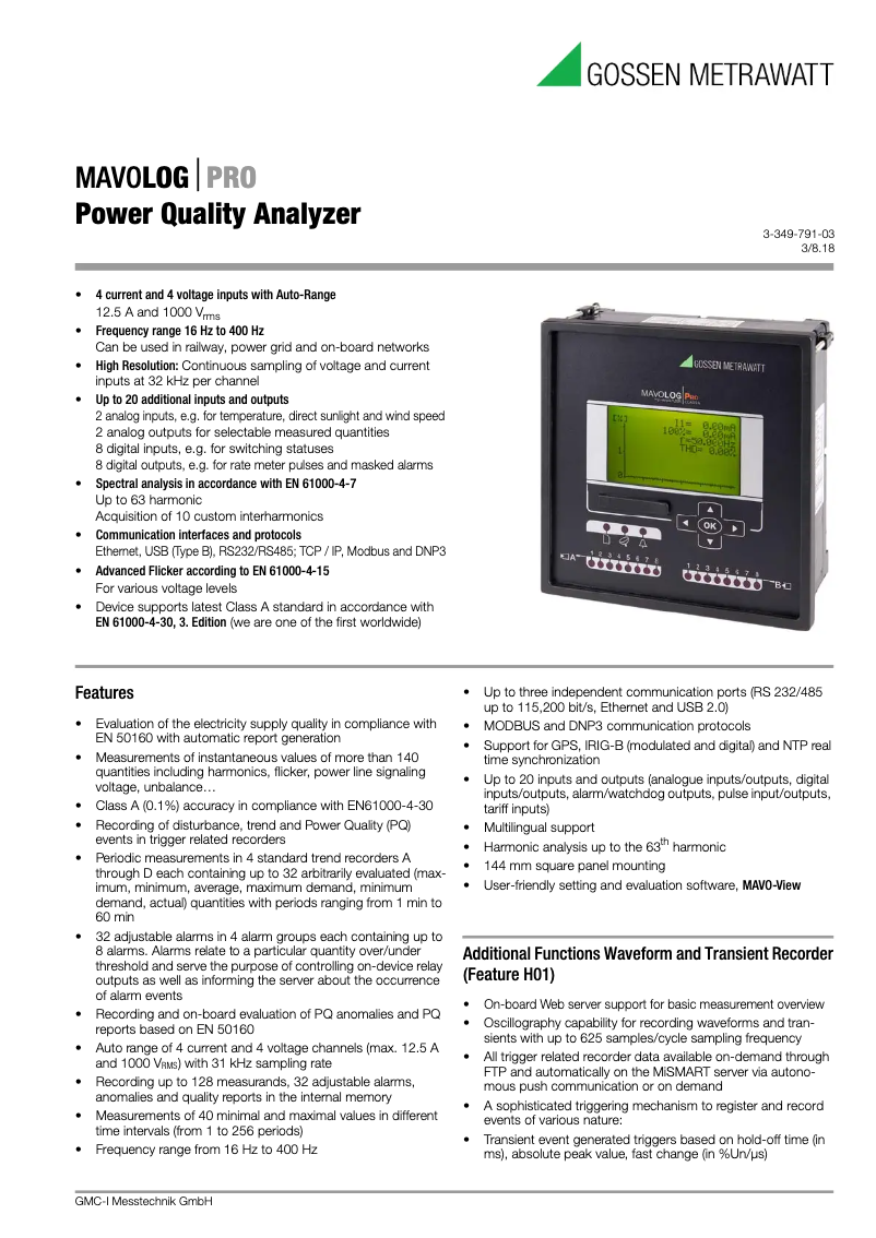 Page 1 de la notice Fiche technique Gossen Metrawatt MAVOLOG Pro