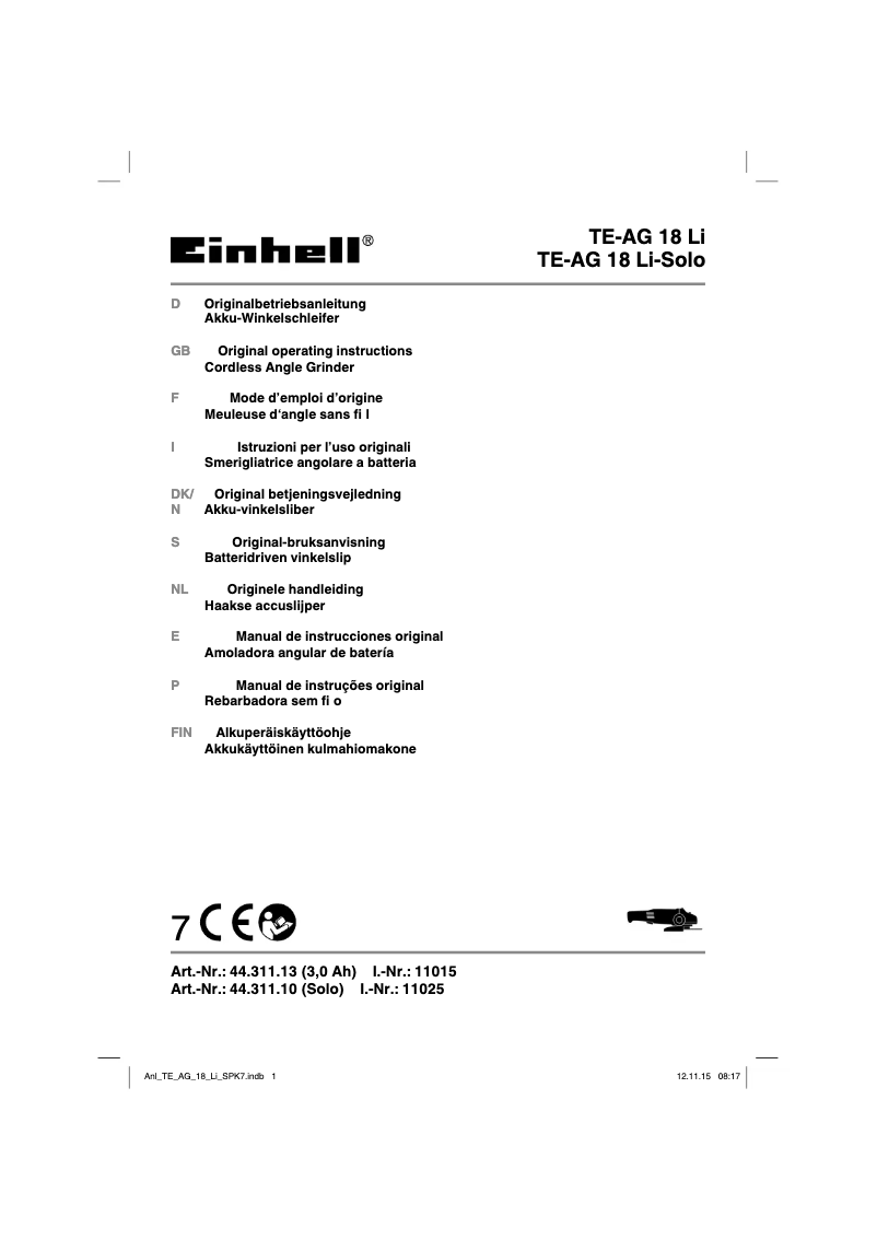 Page n°1 - Manuel utilisateur Einhell TE-AG 18 Li