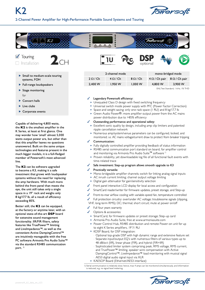 Page 1 de la notice Fiche technique Powersoft K2