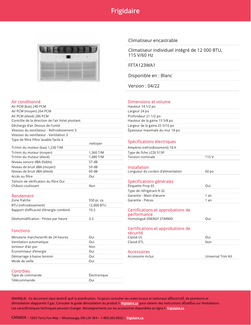 Image de la première page du manuel de l'appareil FFTA123WA1