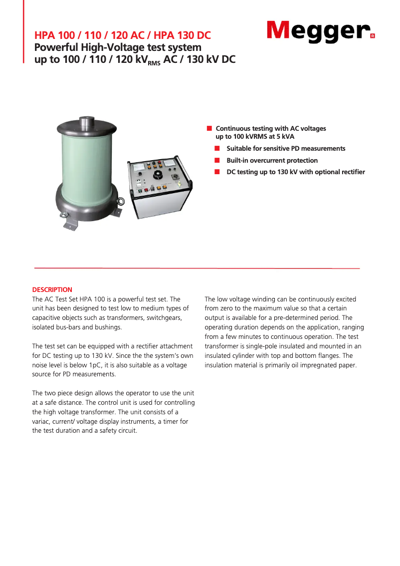 Page 1 de la notice Fiche technique Megger HPA 100 AC