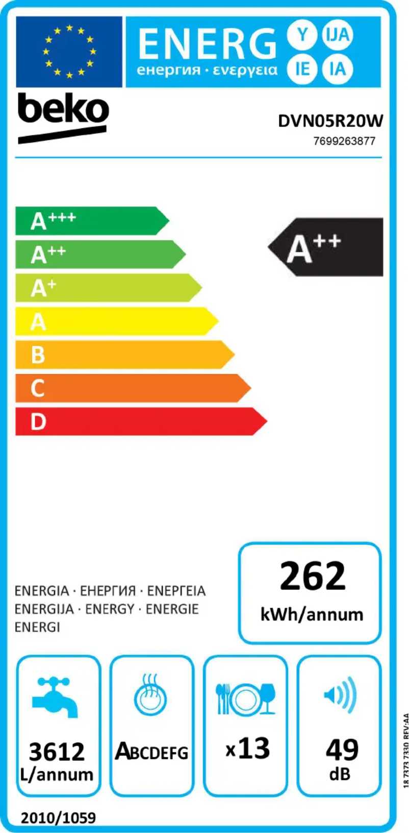Page 1 de la notice Label énergétique Beko DVN05R20