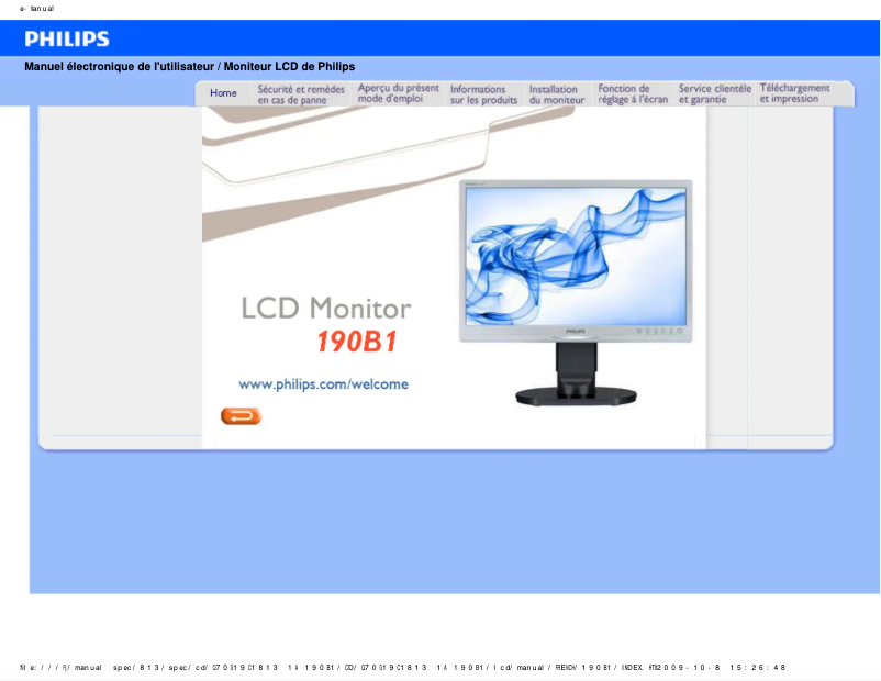 Page 1 de la notice Manuel utilisateur Philips Brilliance 190B1CS