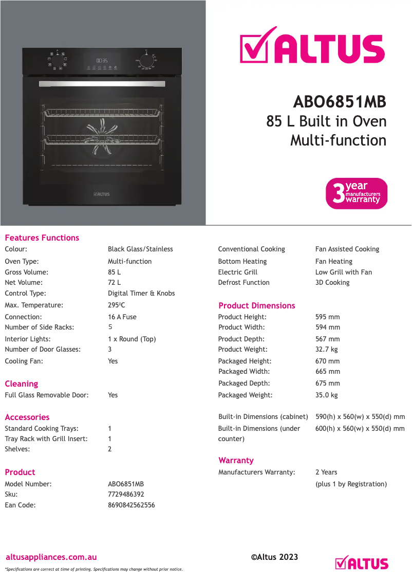Page n°1 - Fiche technique Altus ABO6851MB